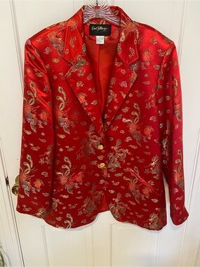 Red blazer with gold dragons birds and flowers L